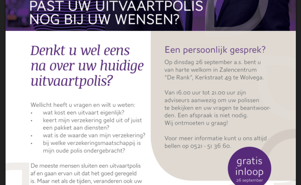 Inloop middag/avond te Wolvega op 26 september