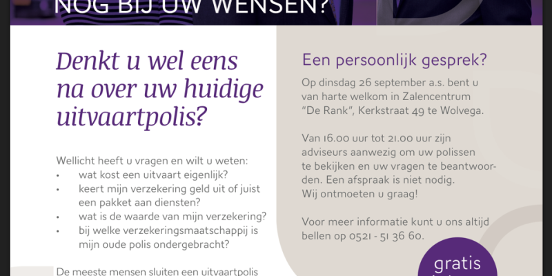 Inloop middag/avond te Wolvega op 26 september